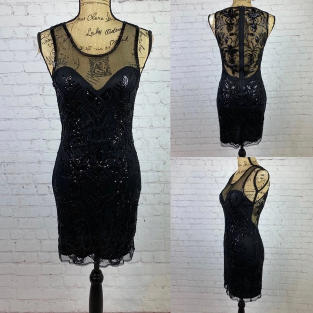 Windsor Black Sequin Open Lace Back Bodycon Mini Dress